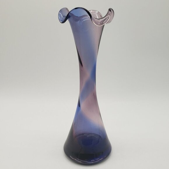 Blue Amethyst Swirl Ruffled Top Art Glass Bud Vase - Picture 1 of 12